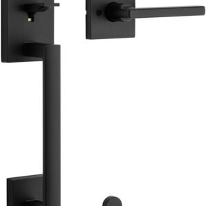 Kwikset San Clemente Front Door Handle No Lock, Entry Handleset Exterior with Interior Reversible Handed Lever, Non-Locking, Matte Black, Deadbolt Not Included, with Microban Protection