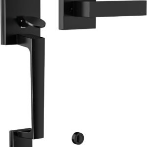 Black Front Door Handle No Lock, Exterior Entry Door Handle with Interior Passage Levers, Front Door Lock Set for Left Right Handle Doors, Deadbolt Set Not Included, Non-Locking