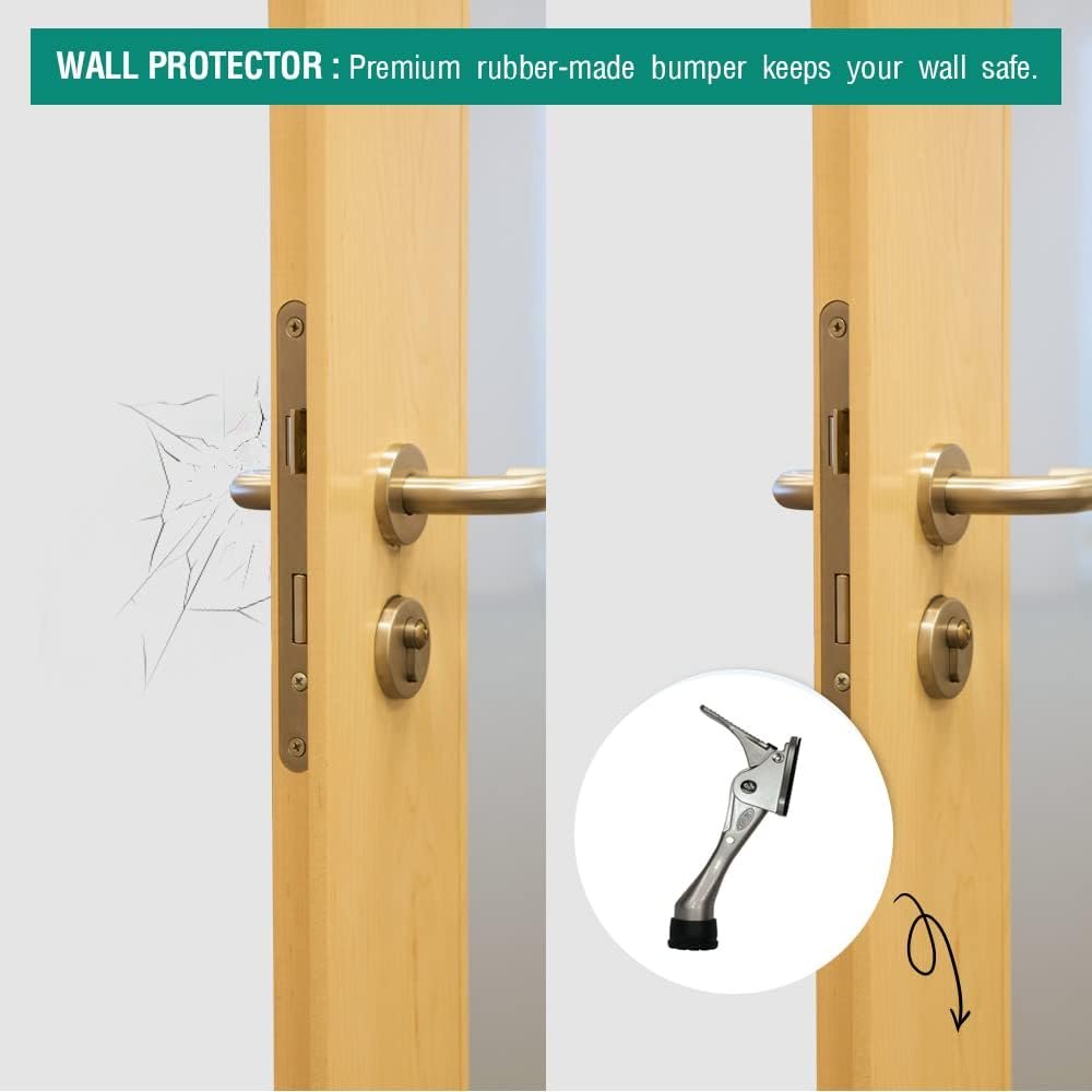 One Touch Kickdown Door Stopper, Door Holder, Heavy Duty Door Stops, Bottom of Door, Height-Adjustable Rubber Tips by HASHI (Satin Nickel 4 inch x 1pack) - Image 7