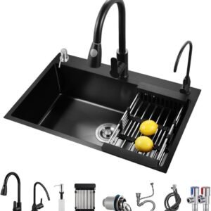 ARTLINE Black Kitchen Sink, Stainless Steel Single Bowl Sink, Drop In/Topmount Workstation Sink with Sliding Accessories, Farmhouse Workstation Sink with Multiple Accessories (19.7 x 17.7in), RXZE031