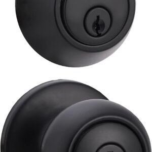 Amazon Basics Exterior Door Knob With Key Lock and Deadbolt, Coastal, Matte Black