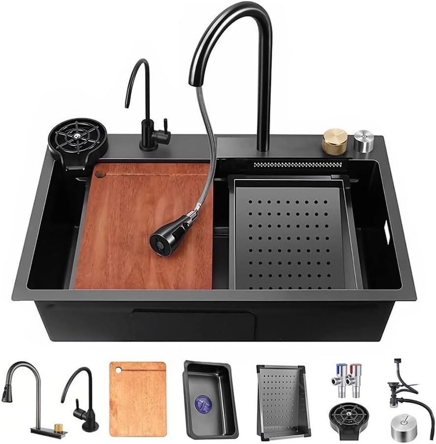 Black Waterfall Kitchen Sink, Drop in Single Bowl Stainless Steel Bar Sink with Cup Washer Sinks, Topmount Workstation Kitchen Sink with Accessories (Size : 26.8 x 17.7in)