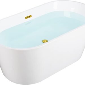 WOODBRIDGE 59″ Acrylic Freestanding Bathtub Contemporary Soaking White Tub with Brushed Gold Overflow and Drain，B0014-BG