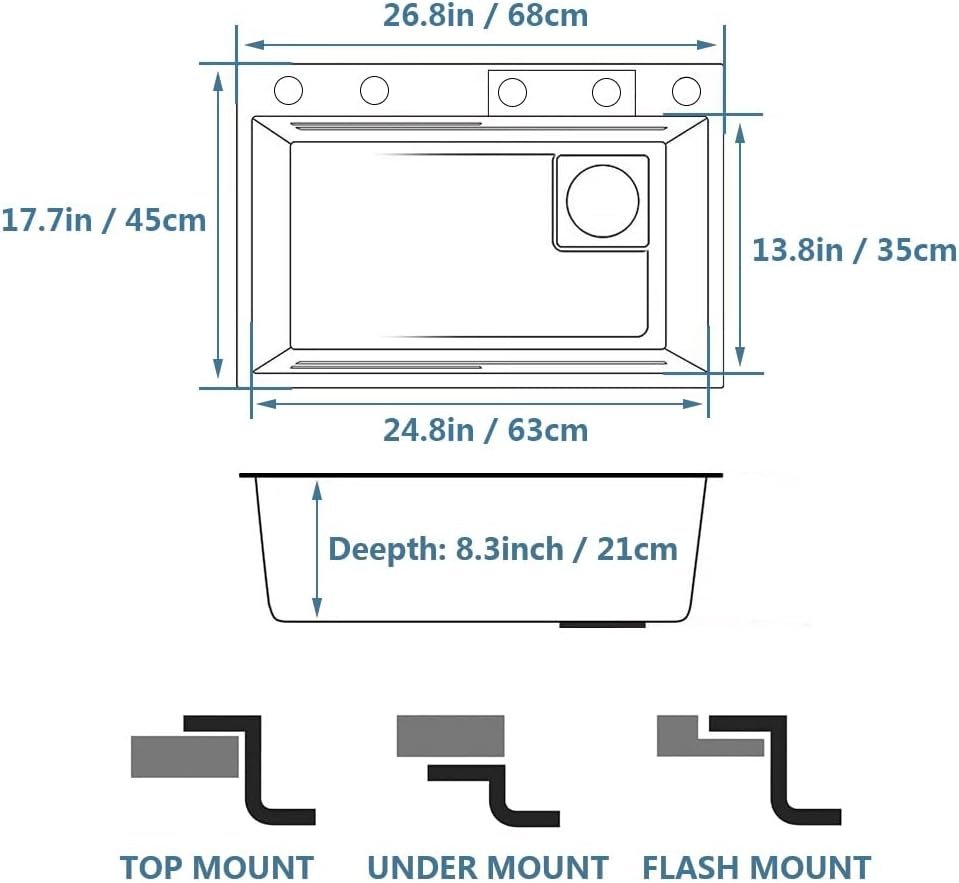 Black Waterfall Kitchen Sink, Drop in Single Bowl Stainless Steel Bar Sink with Cup Washer Sinks, Topmount Workstation Kitchen Sink with Accessories (Size : 26.8 x 17.7in) - Image 7