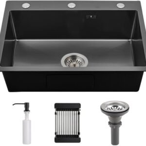 Drop In Black Kitchen Sink Stainless Steel Topmount 3 Hole Deep Single Bowl, Modern Workstation Apartment Sink with Multiple Accessories (19.7×17.7 inch)