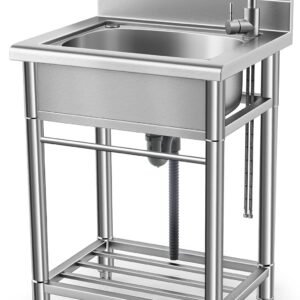Utility Sink Free Standing Single Bowl Kitchen Sink with Cold and Hot Water Pipe Stainless Steel Sink for Laundry Room Bathroom Farmhouse