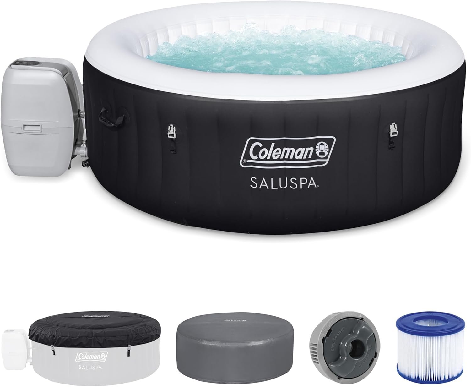 Coleman Miami AirJet Large Round 2 to 4 Person Inflatable Hot Tub Portable Outdoor Spa with 120 AirJets and EnergySense Cover, Black