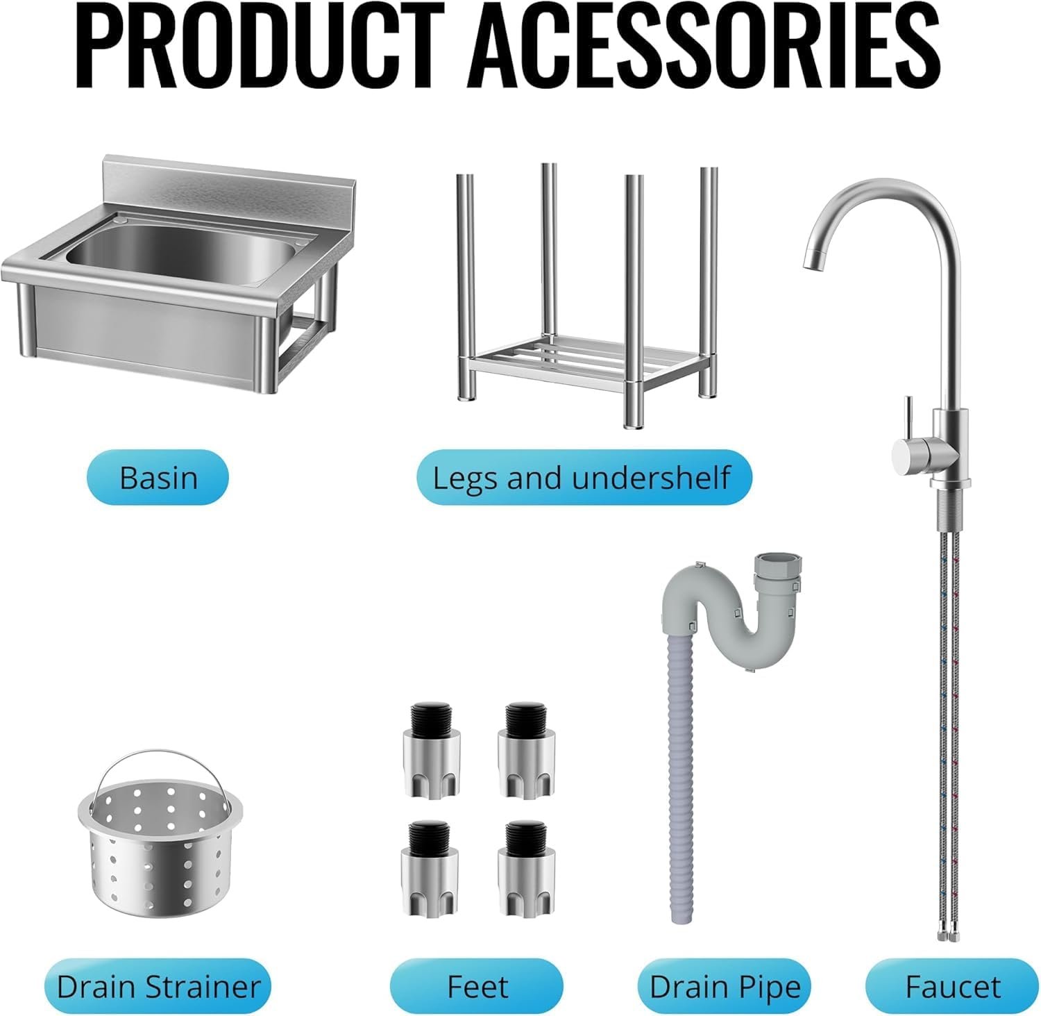 Utility Sink Free Standing Single Bowl Kitchen Sink with Cold and Hot Water Pipe Stainless Steel Sink for Laundry Room Bathroom Farmhouse - Image 8