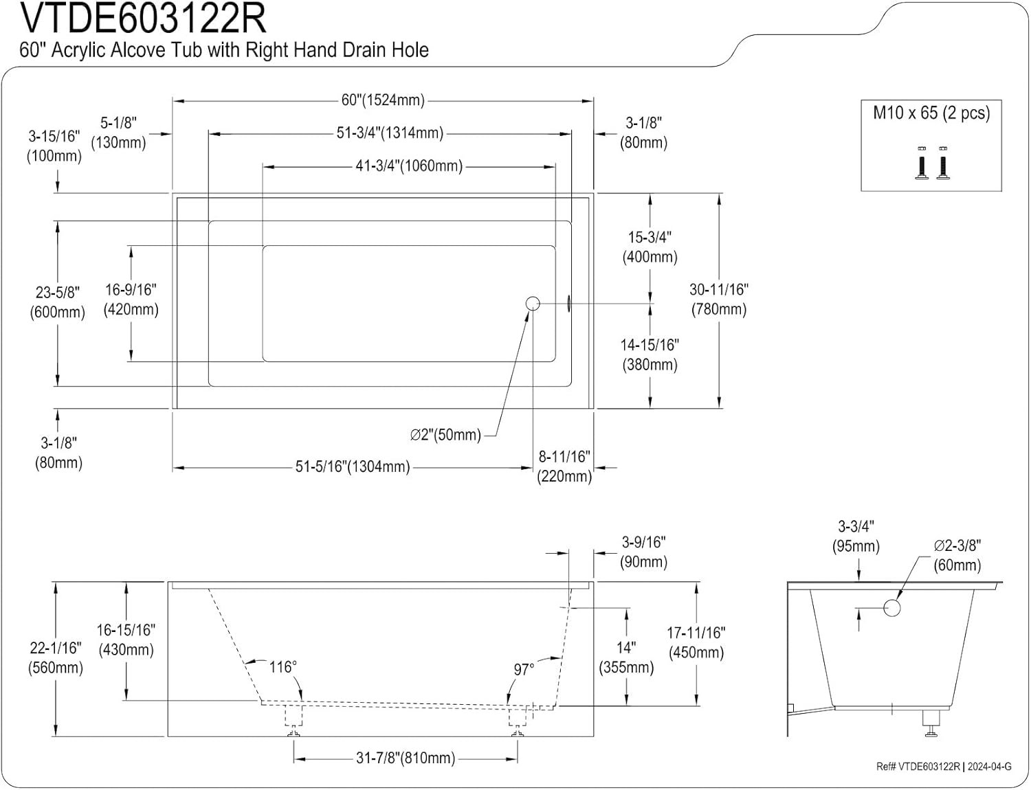 KINGSTON BRASS VTDE603122R 60-Inch Contemporary Alcove Acrylic Bathtub with Right Hand Drain and Overflow Holes, White - Image 3