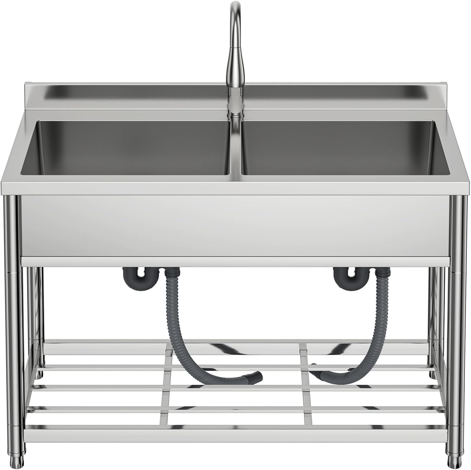 2-Compartment Commercial Sink, Stainless Steel Utility Sink with Pull-out Faucet, Free Standing Double Bowl Kitchen Sink for Restaurant, Garage, Shop, Cafe, Outoor, 21.7"D x 47.2"W x 37"H - Image 8