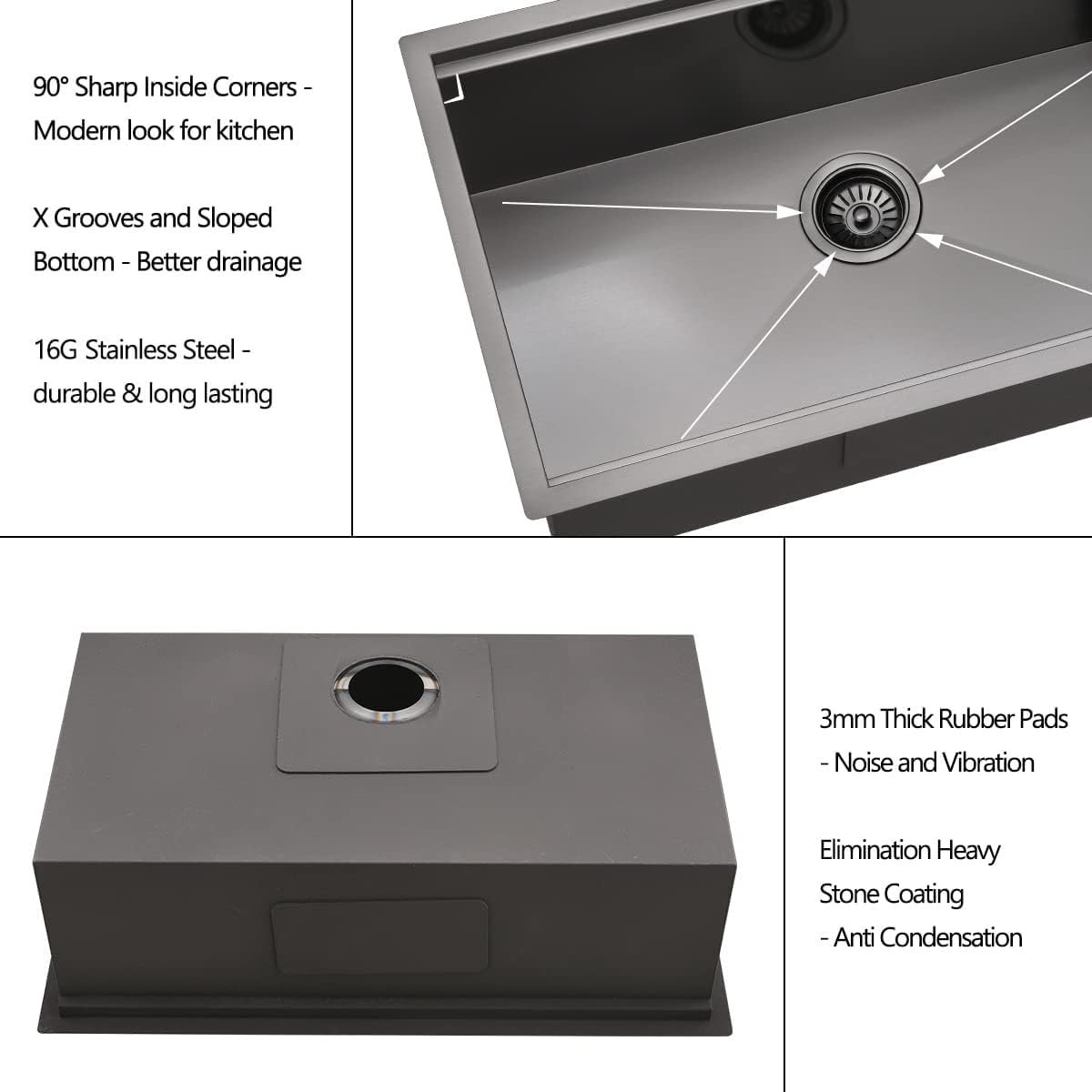 32 Black Undermount Workstation Kitchen Sink, Luckyhorse 32x19 Inches 16 Gauge Gunmetal Black Stainless Steel Undermount Workstation Kitchen Sink LH014S - Image 4