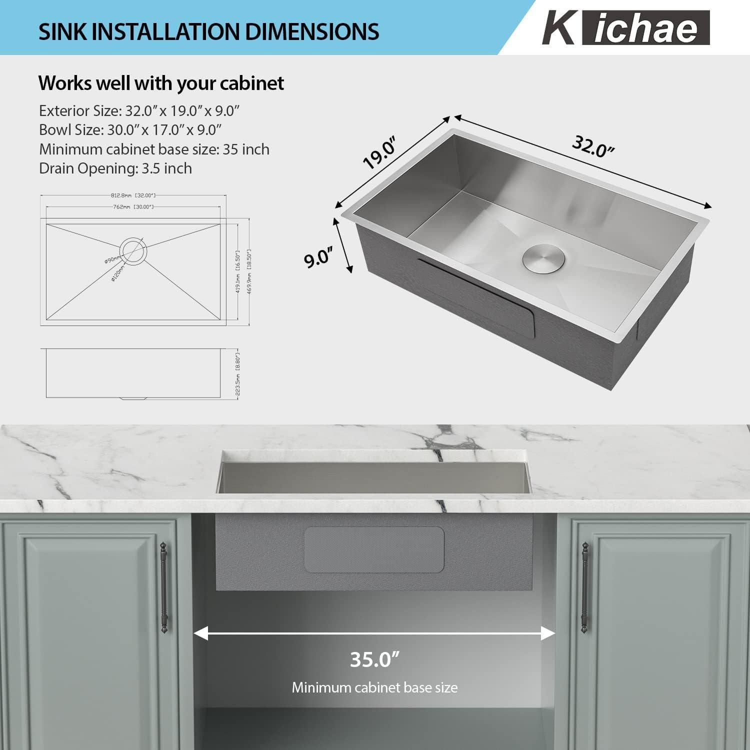 Kichae 32 Inch Undermoun Kitchen Sink Single Bowl Stainless Steel Undermount 16 Gauge Round Corner Handmade Modern Rectangular Under Counter Kitchen Sinks - Image 6