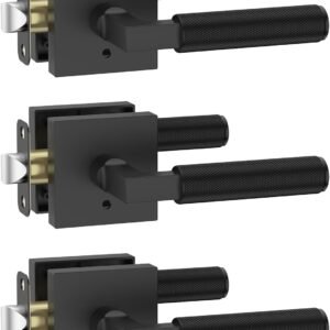 Amerdeco 3 Pack Privacy Door Handles, Matte Black Interior, Knurled Lever, Heavy Duty for Bedroom and Bathroom, Reversible Keyless for Right & Left Side AM0021