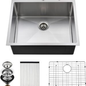 Drop In Kitchen Sink, 25 x 22 x 10 Inch 16 Gauge Single Bowl Topmount Sink T-304 Stainless Steel Kitchen Sinks with Accessories