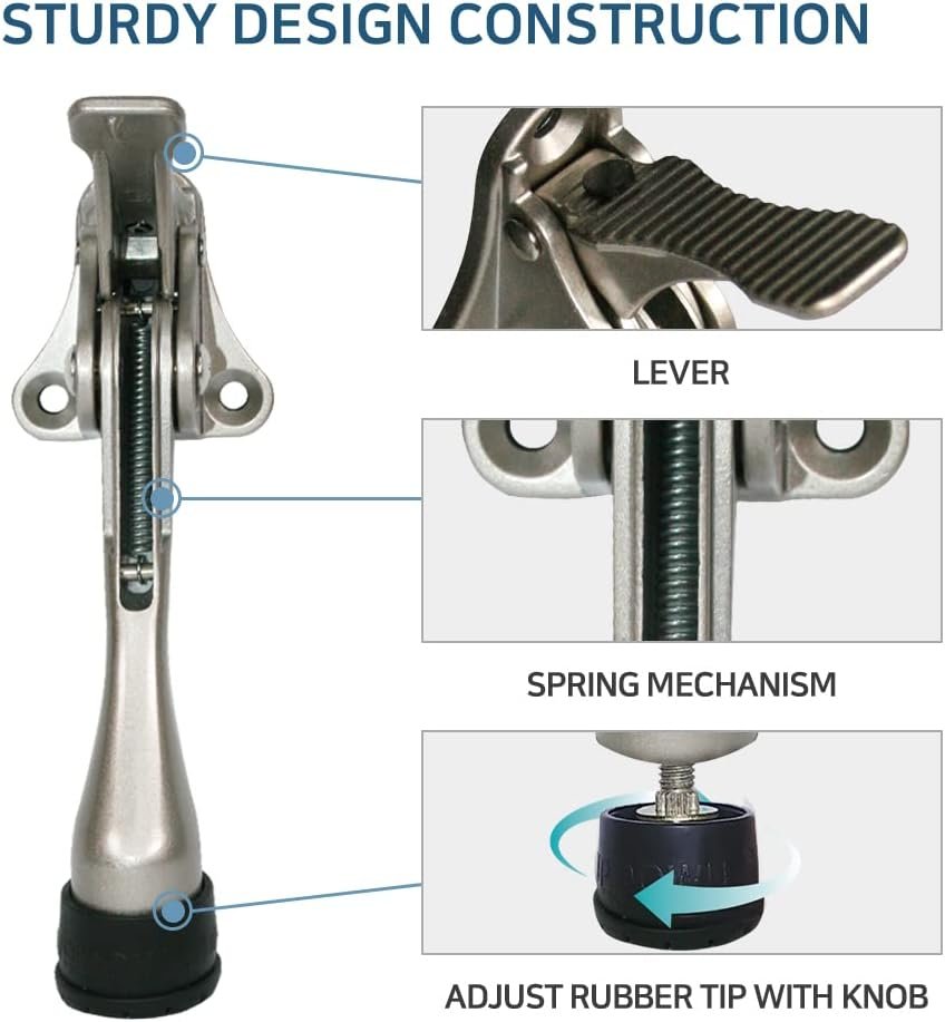 One Touch Kickdown Door Stopper, Door Holder, Heavy Duty Door Stops, Bottom of Door, Height-Adjustable Rubber Tips by HASHI (Satin Nickel 4 inch x 1pack) - Image 4