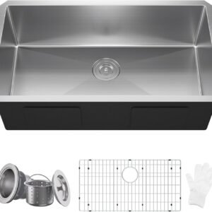32×18 Undermount Kitchen Sink, WATERLACE Premium 16 Gauge 304 Stainless Steel Handmade Modern Kitchen Sink with Bottom Grid & Drain Assembly