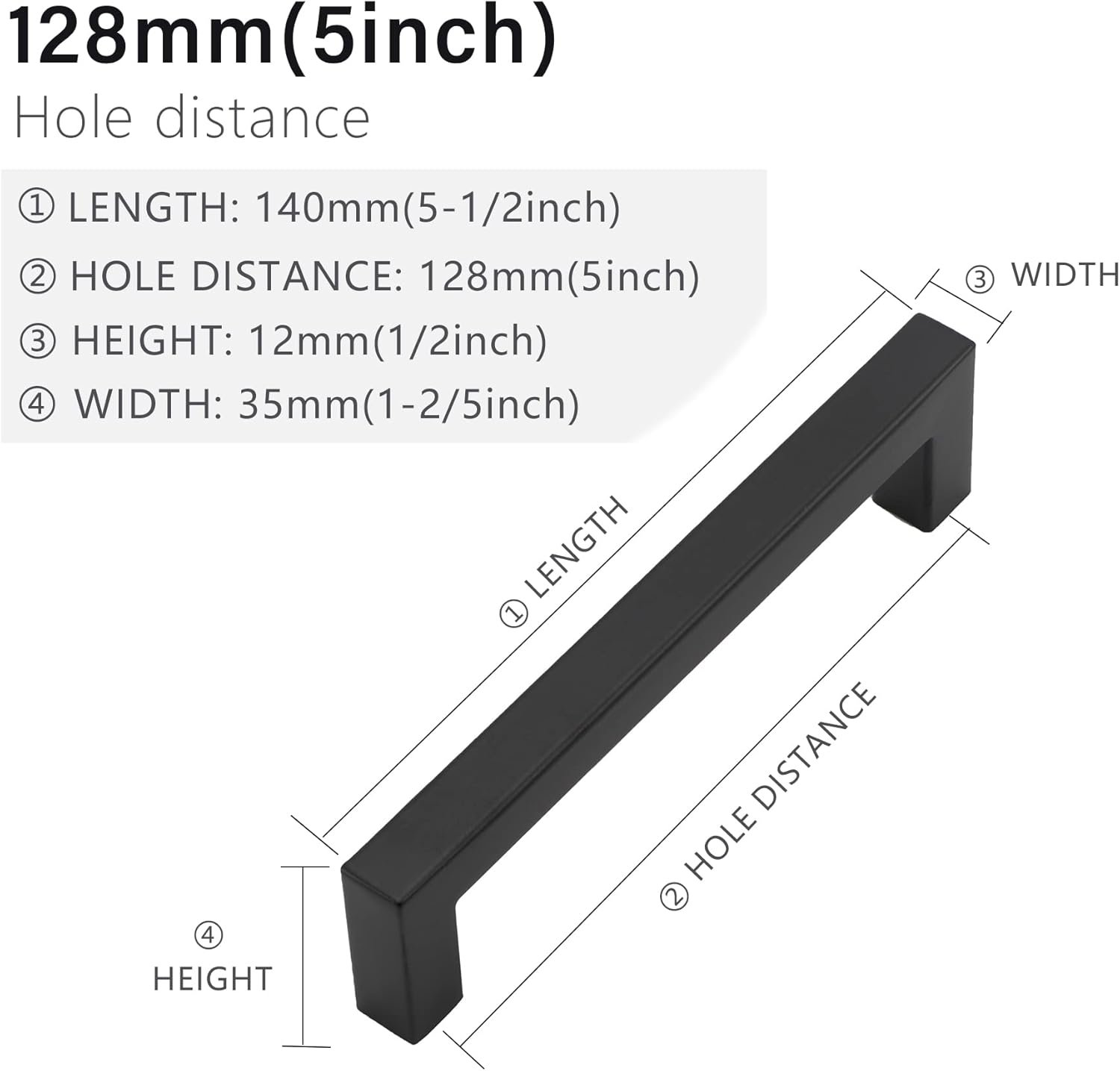 Cabinet Pulls Matte Black Cabinet Handles Square Drawer Pulls, 10 Pack 5 Inch Stainless Steel Kitchen Door Cupboard Cabinet Handles, Drawer Hardware Handles, 128mm Hole Centers - Image 2