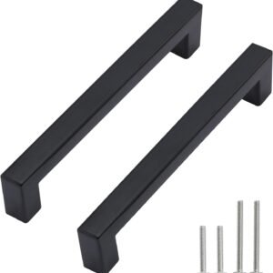 Cabinet Pulls Matte Black Cabinet Handles Square Drawer Pulls, 10 Pack 5 Inch Stainless Steel Kitchen Door Cupboard Cabinet Handles, Drawer Hardware Handles, 128mm Hole Centers