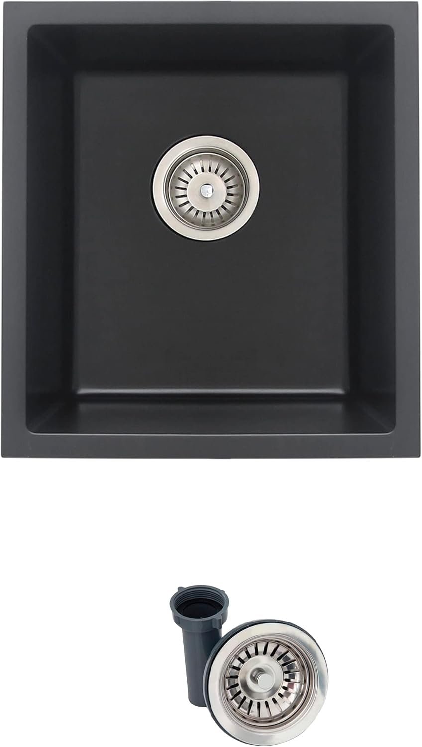 Stylish 15.5 x 17.5 Inch Bar Sink Single Bowl Granite Composite Kitchen Sinks 8.5 Inches Deep Drop In or Undermount Black Kitchen Sink with Regular Strainer S-816N