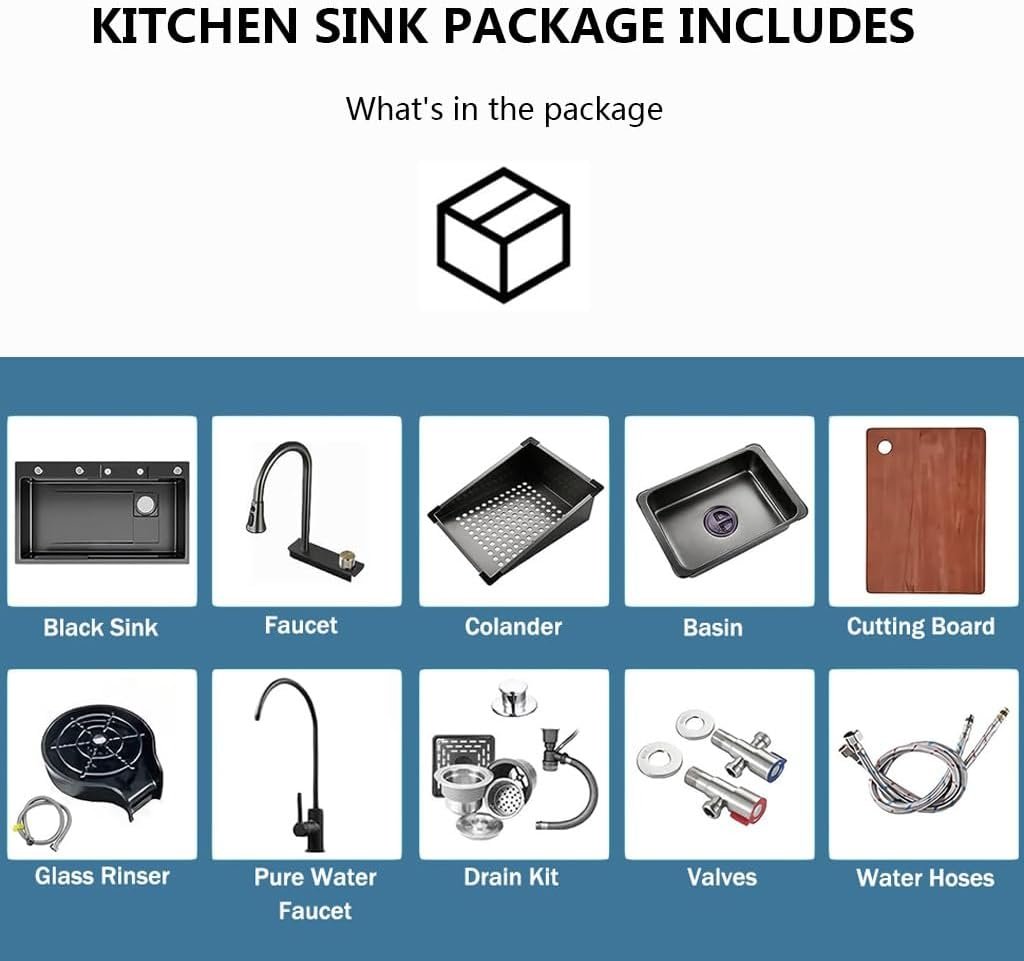 Black Waterfall Kitchen Sink, Drop in Single Bowl Stainless Steel Bar Sink with Cup Washer Sinks, Topmount Workstation Kitchen Sink with Accessories (Size : 26.8 x 17.7in) - Image 3