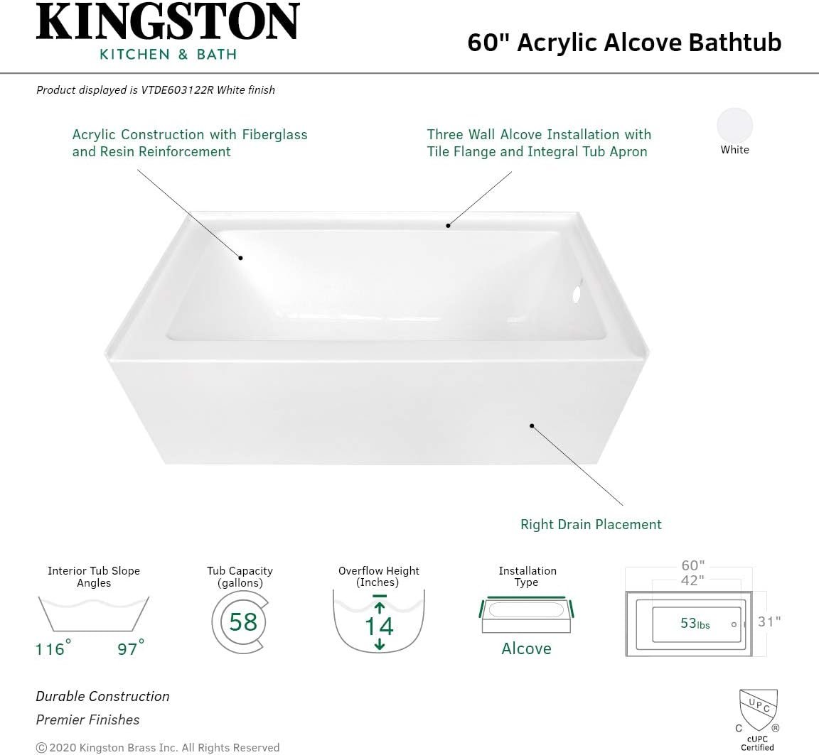 KINGSTON BRASS VTDE603122R 60-Inch Contemporary Alcove Acrylic Bathtub with Right Hand Drain and Overflow Holes, White - Image 4