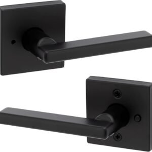 Kwikset Halifax Interior Privacy Door Handle with Lock, Door Lever For Bathroom and Bedroom, Matte Black Reversible Keyless Push Button Lock Door Lever, with Microban Protection, Square Rose