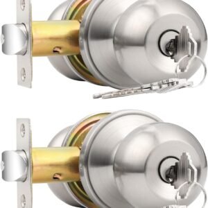 Probrico 2 Pack Keyed Alike Entry Door Knobs with Lock and Key Ball Door Knob Handles Entrance Door Lockset Brushed Nickel Finish