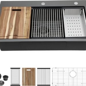 Kichae 33 Inch Black Kitchen Sink Drop In Workstation – 33×19 Gunmetal Black Stainless Steel Kitchen Sink Topmount 16 Gauge Deep Single Bowl Basin Round Corner