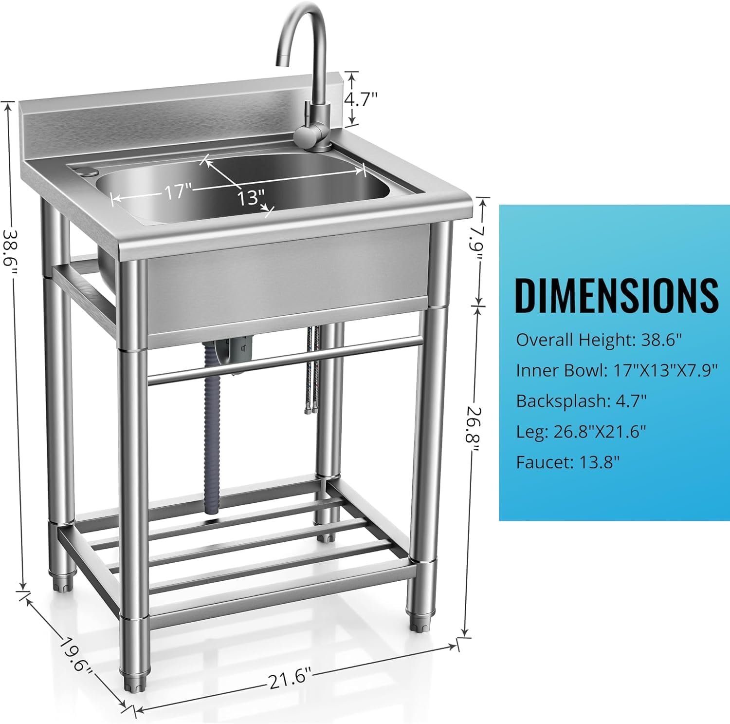 Utility Sink Free Standing Single Bowl Kitchen Sink with Cold and Hot Water Pipe Stainless Steel Sink for Laundry Room Bathroom Farmhouse - Image 4
