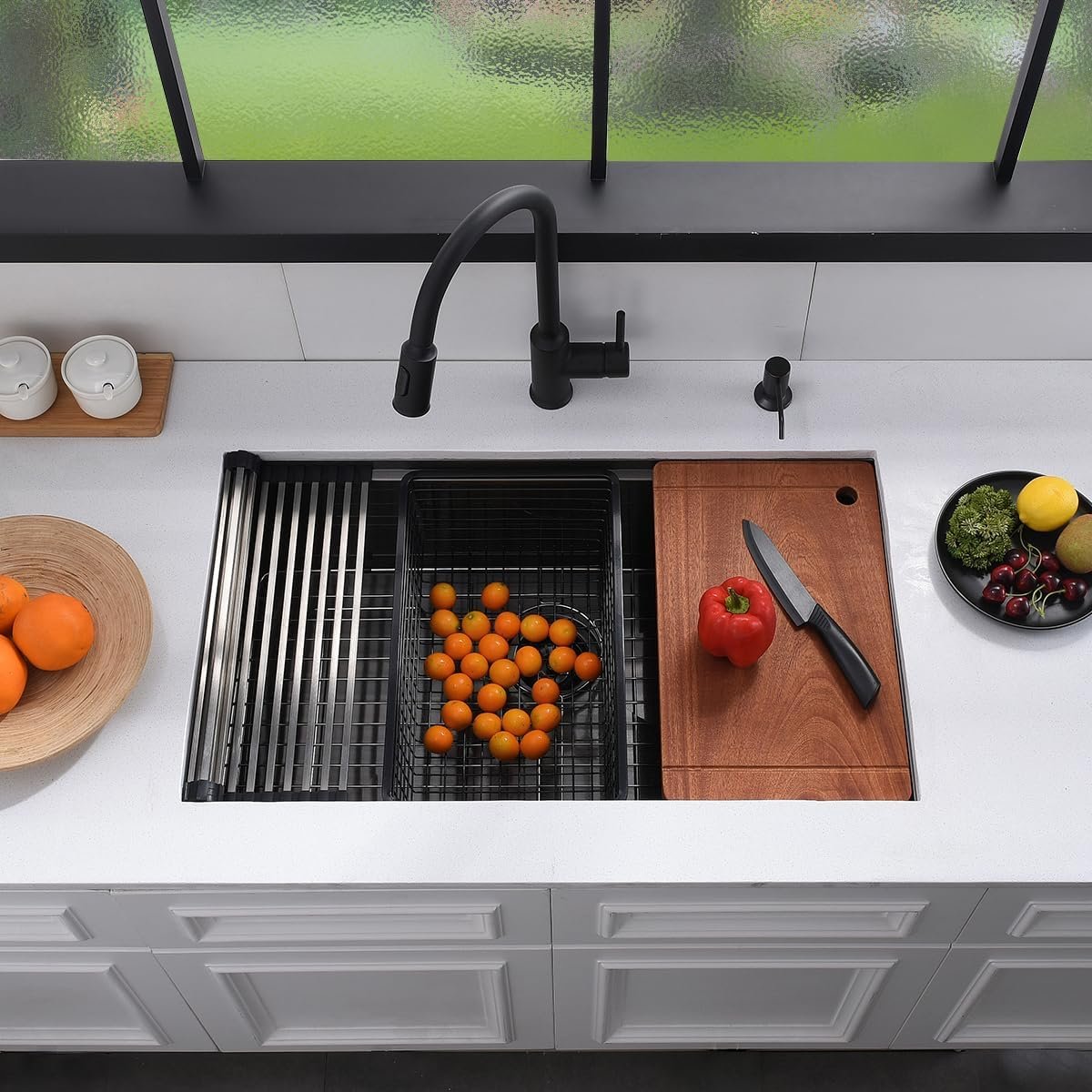 32 Black Undermount Workstation Kitchen Sink, Luckyhorse 32x19 Inches 16 Gauge Gunmetal Black Stainless Steel Undermount Workstation Kitchen Sink LH014S - Image 2