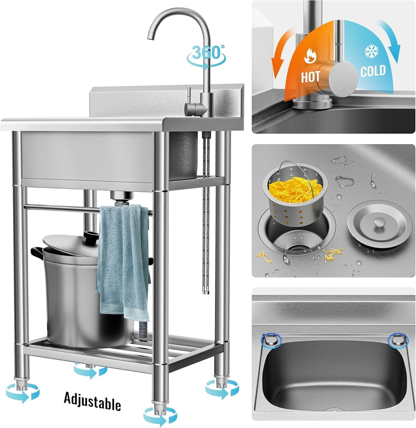 Utility Sink Free Standing Single Bowl Kitchen Sink with Cold and Hot Water Pipe Stainless Steel Sink for Laundry Room Bathroom Farmhouse - Image 5