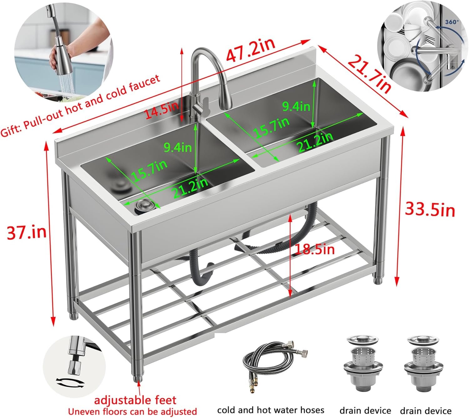 2-Compartment Commercial Sink, Stainless Steel Utility Sink with Pull-out Faucet, Free Standing Double Bowl Kitchen Sink for Restaurant, Garage, Shop, Cafe, Outoor, 21.7"D x 47.2"W x 37"H - Image 4