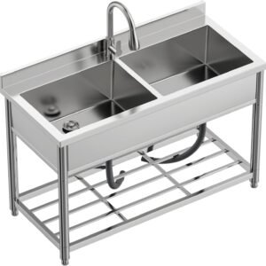2-Compartment Commercial Sink, Stainless Steel Utility Sink with Pull-out Faucet, Free Standing Double Bowl Kitchen Sink for Restaurant, Garage, Shop, Cafe, Outoor, 21.7″D x 47.2″W x 37″H