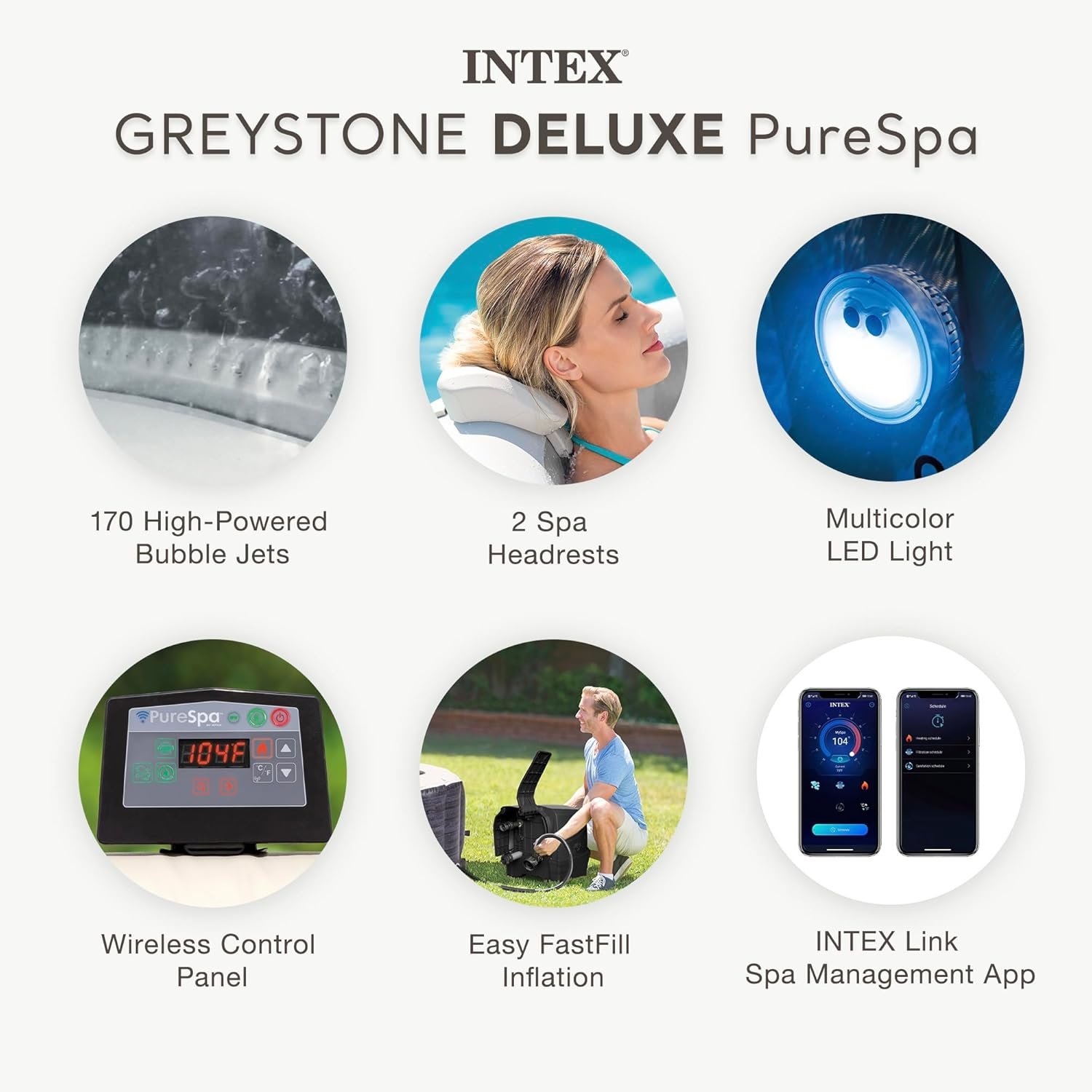 INTEX 28451EP PureSpa Greystone Deluxe Spa Set: Includes Energy Efficient Spa Cover and Wireless Control Panel – Spa Control App – Built-in FastFill Inflation System – 6 Person Capacity – 77" x 28" - Image 3