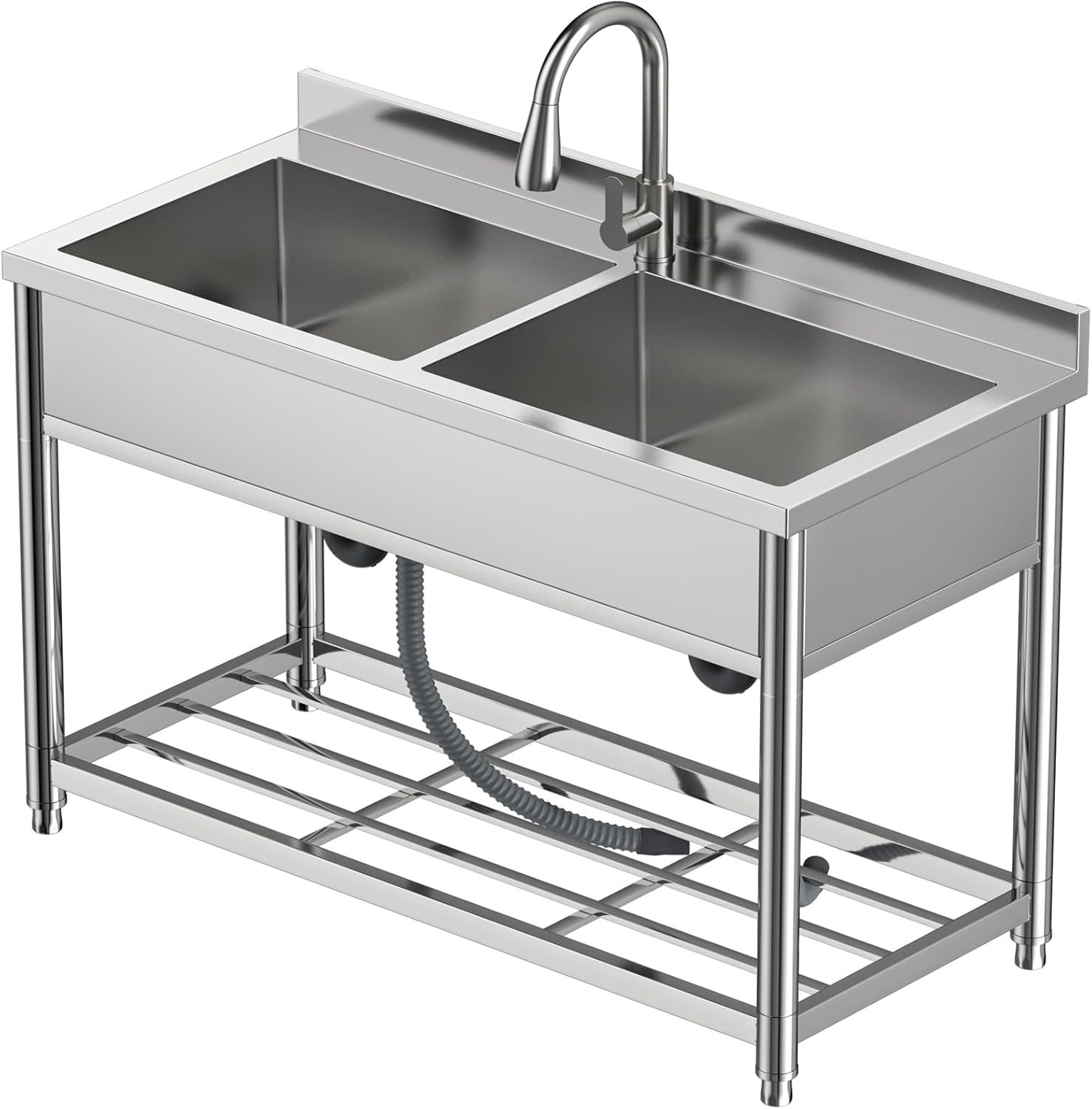 2-Compartment Commercial Sink, Stainless Steel Utility Sink with Pull-out Faucet, Free Standing Double Bowl Kitchen Sink for Restaurant, Garage, Shop, Cafe, Outoor, 21.7"D x 47.2"W x 37"H - Image 6