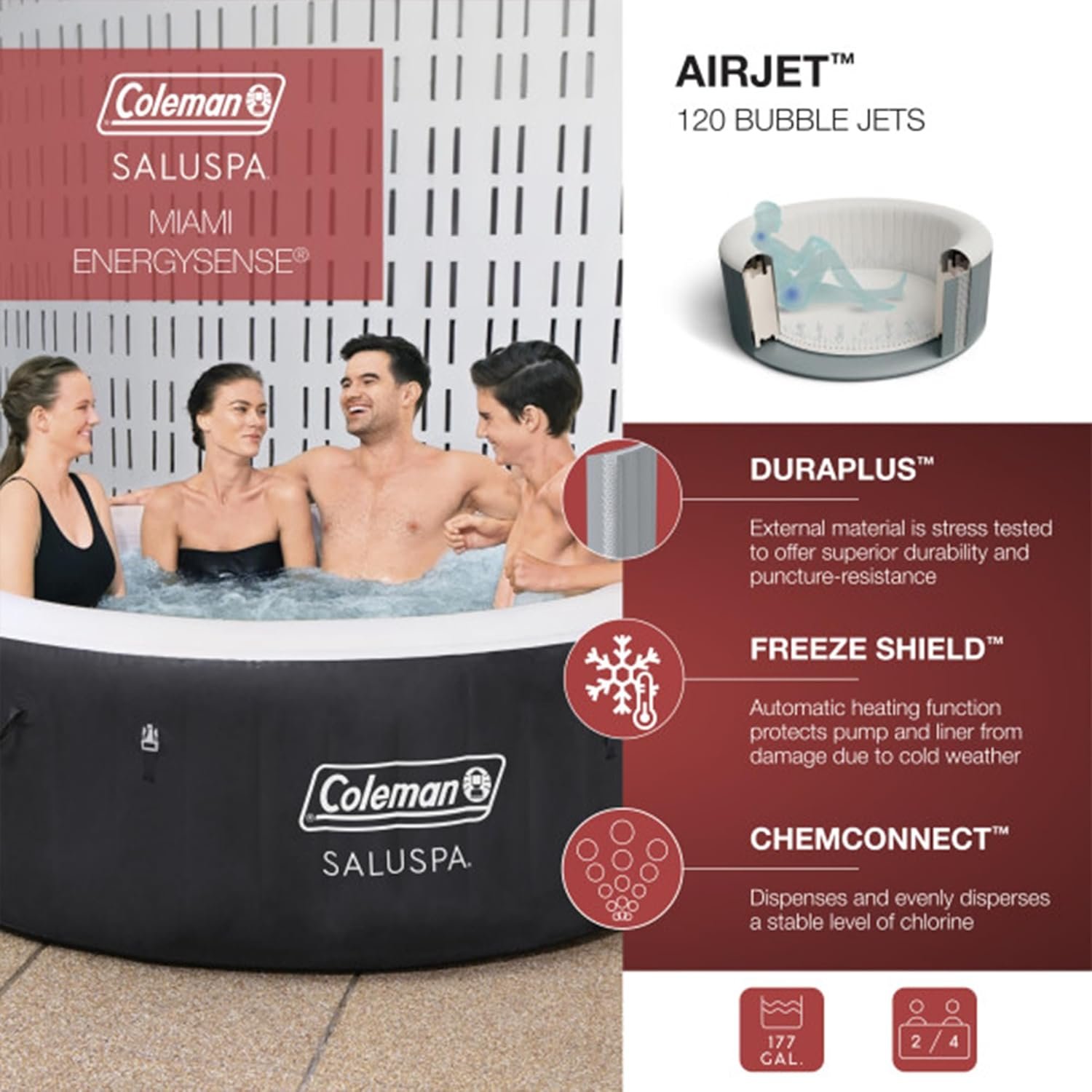 Coleman Miami AirJet Large Round 2 to 4 Person Inflatable Hot Tub Portable Outdoor Spa with 120 AirJets and EnergySense Cover, Black - Image 2