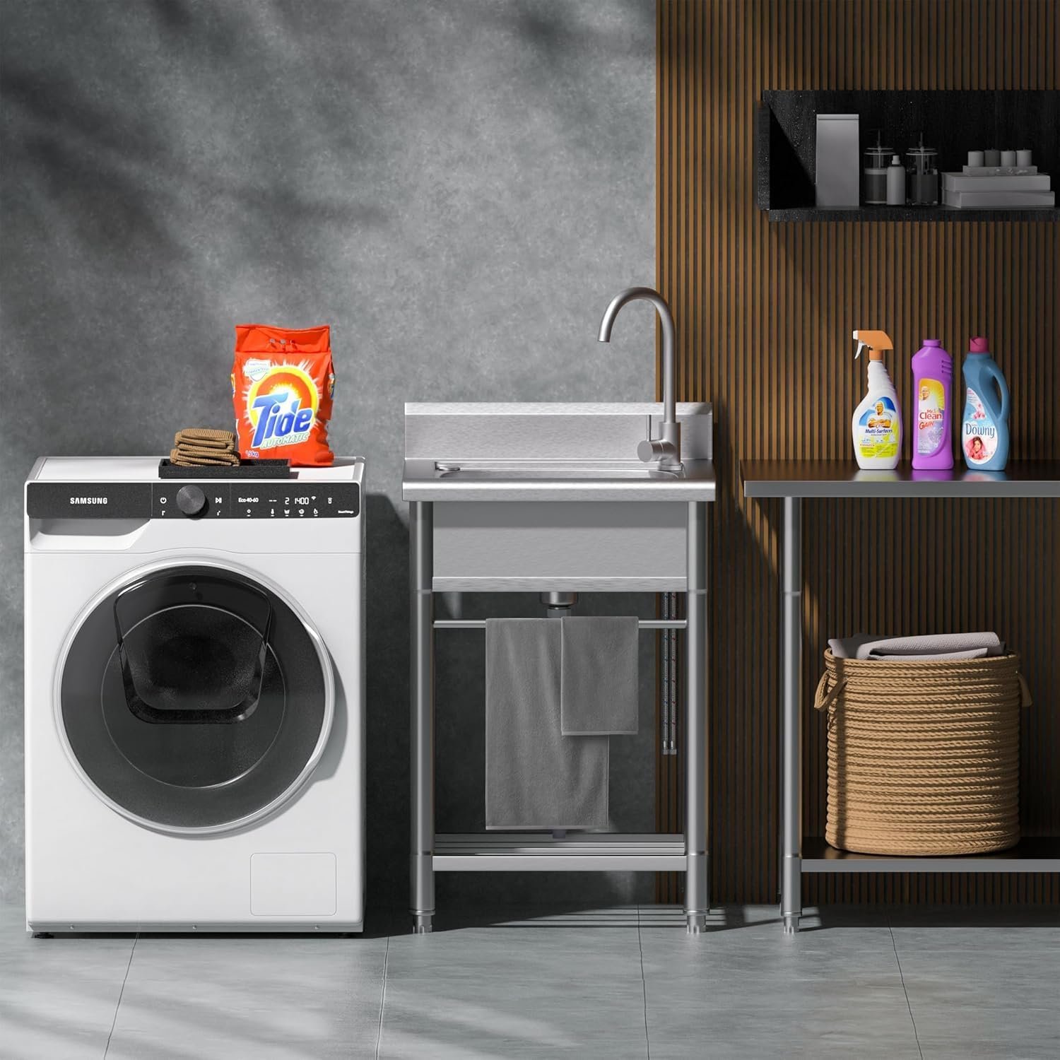 Utility Sink Free Standing Single Bowl Kitchen Sink with Cold and Hot Water Pipe Stainless Steel Sink for Laundry Room Bathroom Farmhouse - Image 6