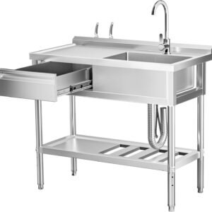 WOEDEN 39″ 304 Stainless Steel Utility Sink, Free-Standing Commercial Sink with Workbench, Drawer Storage & Hot/Cold Water Pipes for Laundry, Farmhouse & Outdoor Use