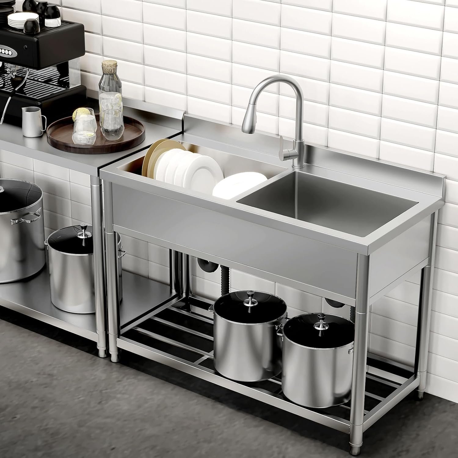 2-Compartment Commercial Sink, Stainless Steel Utility Sink with Pull-out Faucet, Free Standing Double Bowl Kitchen Sink for Restaurant, Garage, Shop, Cafe, Outoor, 21.7"D x 47.2"W x 37"H - Image 2