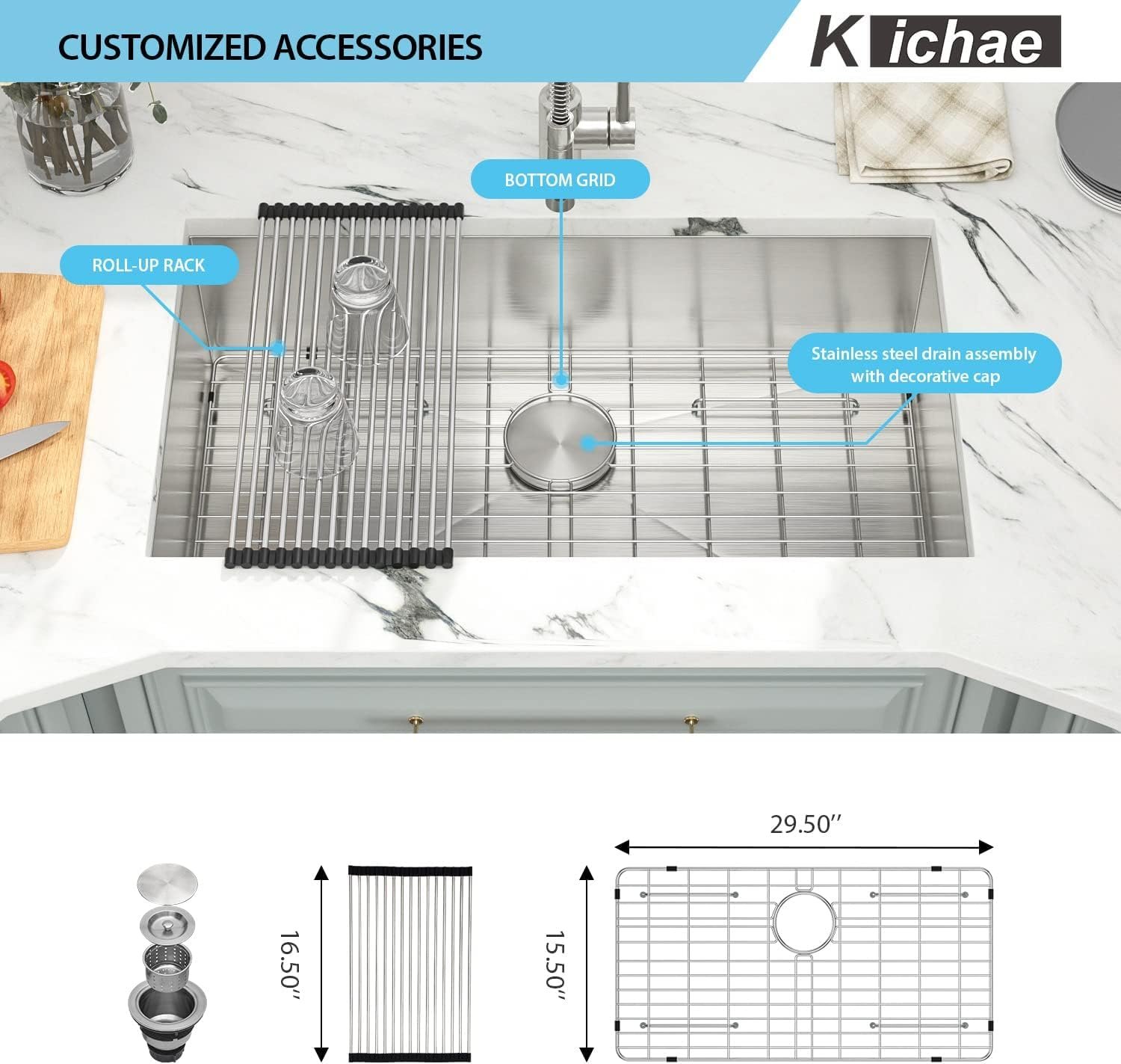 Kichae 32 Inch Undermoun Kitchen Sink Single Bowl Stainless Steel Undermount 16 Gauge Round Corner Handmade Modern Rectangular Under Counter Kitchen Sinks - Image 3