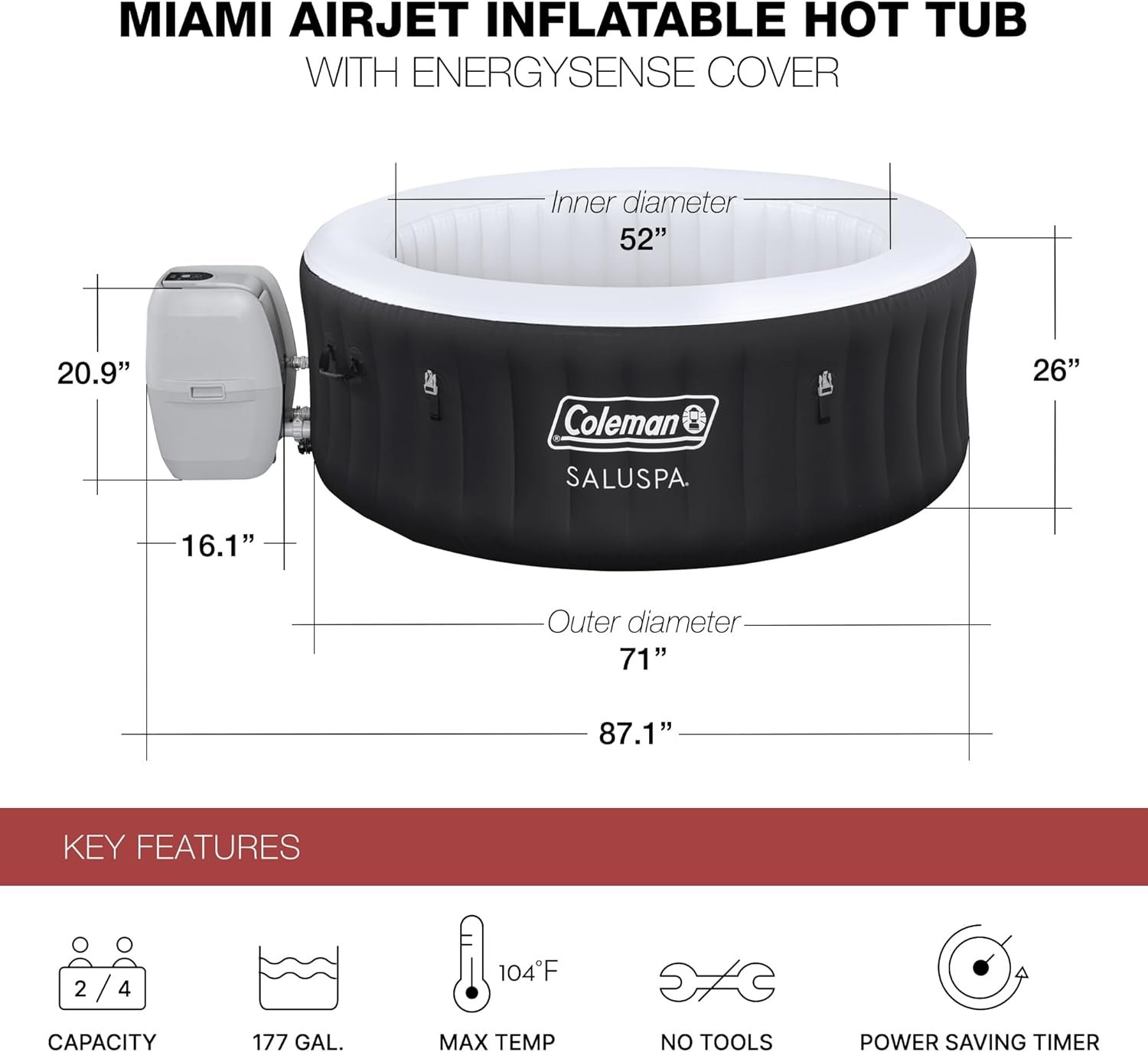 Coleman Miami AirJet Large Round 2 to 4 Person Inflatable Hot Tub Portable Outdoor Spa with 120 AirJets and EnergySense Cover, Black - Image 4