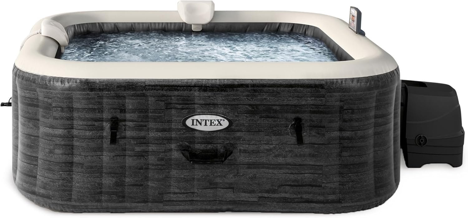 INTEX 28451EP PureSpa Greystone Deluxe Spa Set: Includes Energy Efficient Spa Cover and Wireless Control Panel – Spa Control App – Built-in FastFill Inflation System – 6 Person Capacity – 77" x 28"