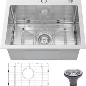Drop In Kitchen Sink 20×16″, 9″ Basin Depth, 18 Gauge Stainless Steel Sink, 3D Embossed Surface Finish Top Mount with Accessories