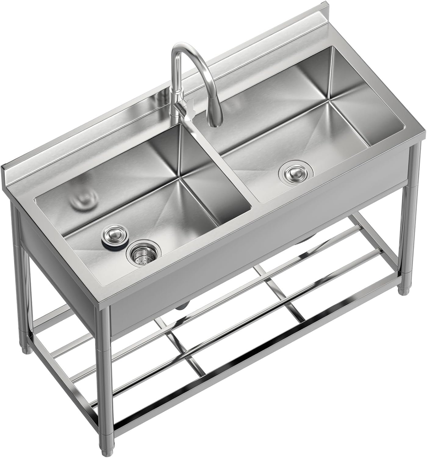 2-Compartment Commercial Sink, Stainless Steel Utility Sink with Pull-out Faucet, Free Standing Double Bowl Kitchen Sink for Restaurant, Garage, Shop, Cafe, Outoor, 21.7"D x 47.2"W x 37"H - Image 9