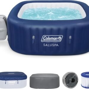 Coleman Atlantis AirJet Large Square 4 to 6 Person Inflatable Hot Tub Portable Outdoor Spa with 140 AirJets and EnergySense Cover, Blue