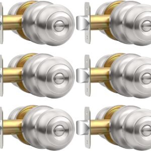 Privacy Door Knob, Brushed Nickel Door Knobs Interior Keyless Locks Set(6 Pack), Bedroom Bathroom Door Knob with Lock, Reversible for Left/Right Door Handle