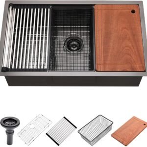 32 Black Undermount Workstation Kitchen Sink, Luckyhorse 32×19 Inches 16 Gauge Gunmetal Black Stainless Steel Undermount Workstation Kitchen Sink LH014S