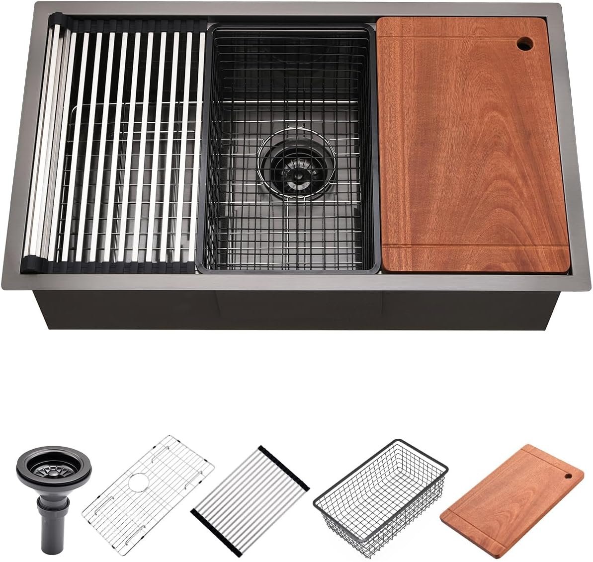 32 Black Undermount Workstation Kitchen Sink, Luckyhorse 32x19 Inches 16 Gauge Gunmetal Black Stainless Steel Undermount Workstation Kitchen Sink LH014S