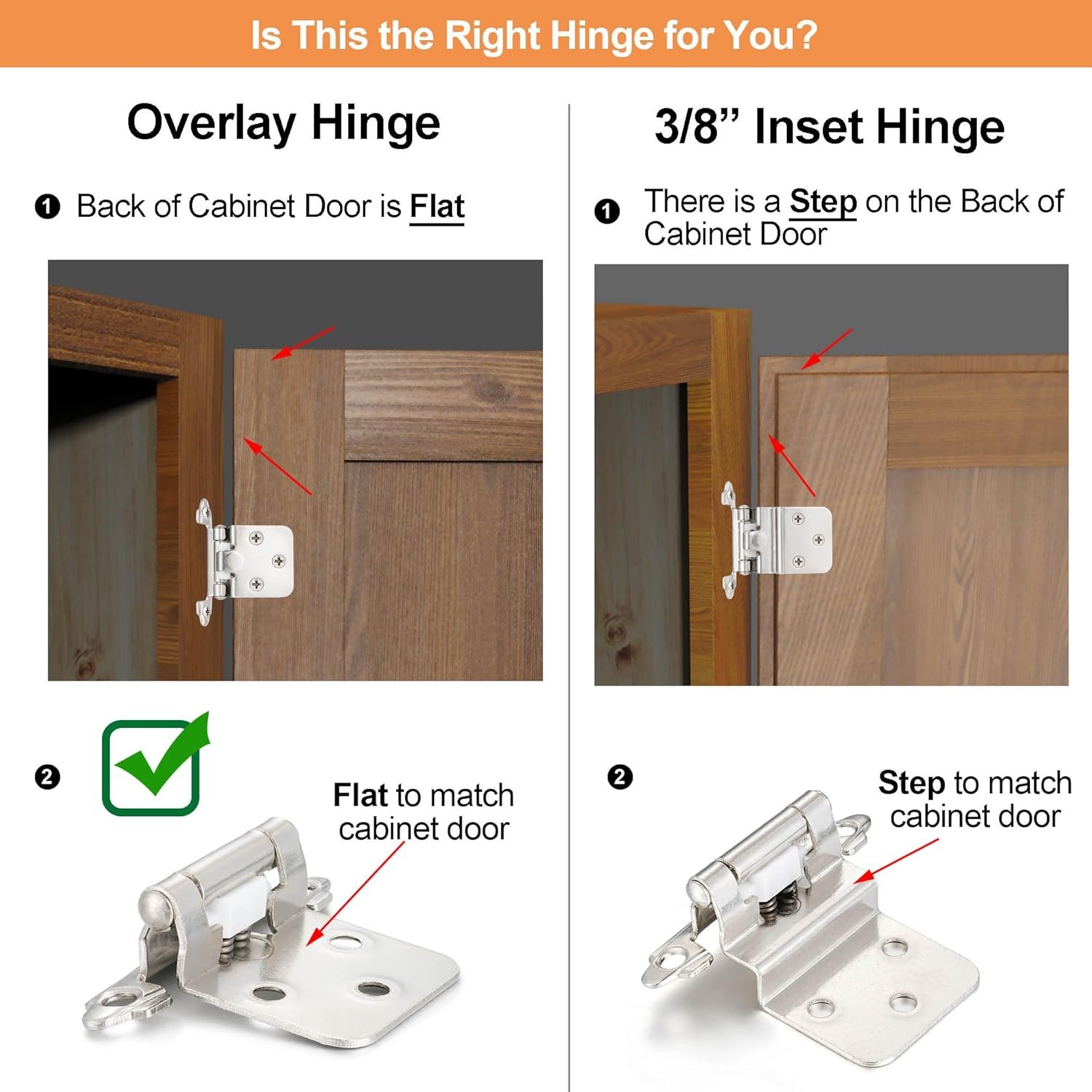 4 Pack (2 Pair) Brushed Satin Nickel Self Closing Cabinet Hinges for Flush Mount Kitchen Cabinet Door, 1/2" Overlay (Variable) Face Frame Semi Concealed Hinges - Image 4