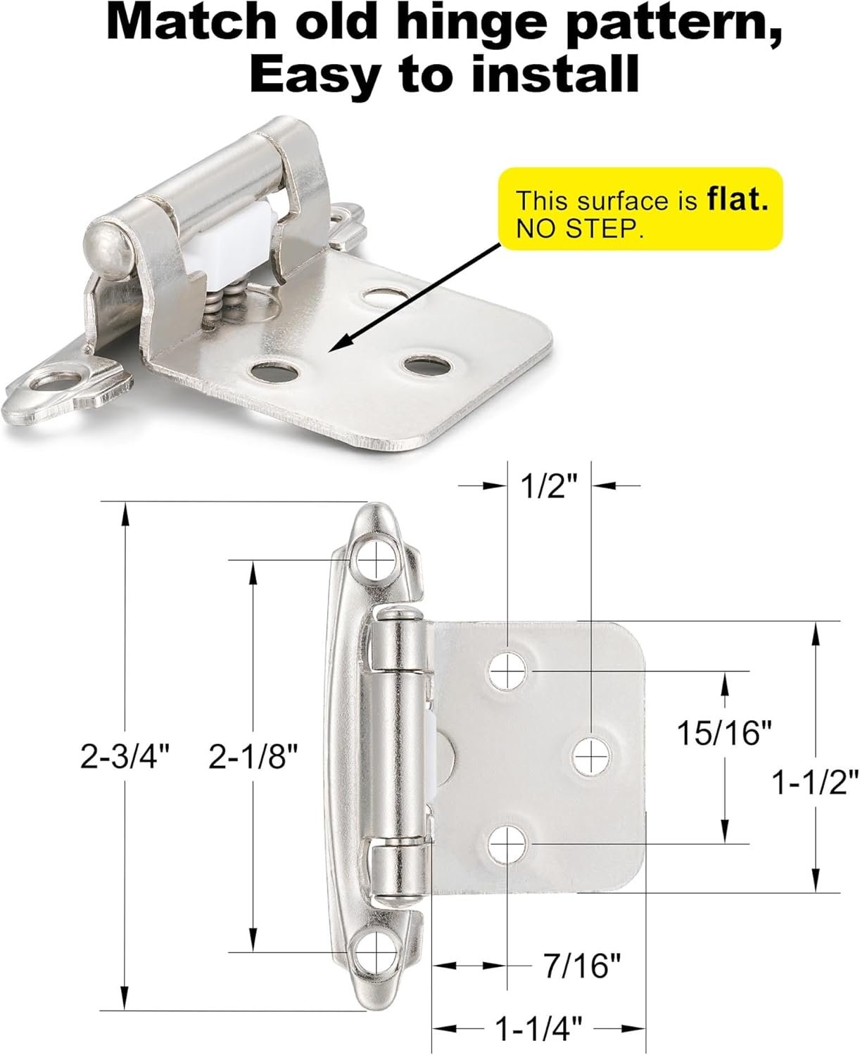 4 Pack (2 Pair) Brushed Satin Nickel Self Closing Cabinet Hinges for Flush Mount Kitchen Cabinet Door, 1/2" Overlay (Variable) Face Frame Semi Concealed Hinges - Image 2